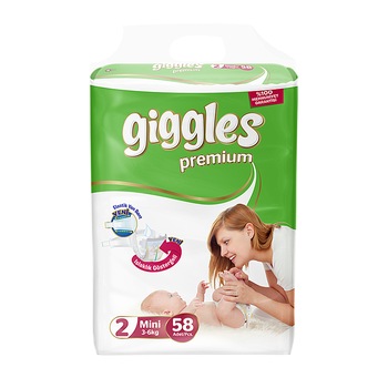 Scutece Giggles Premium, marimea 2 Mini, 3-6 kg, 58 buc, pachet Economic Scutece Giggles Premium, marimea 2 Mini, 3-6 kg, 58 buc, pachet Economic