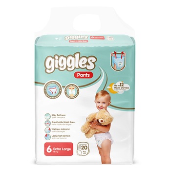 Scutece-chilotel Giggles Pants, marimea 6 Junior+, 20 buc, 15+ kg Scutece-chilotel Giggles Pants, marimea 6 Junior+, 20 buc, 15+ kg