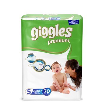 Scutece Giggles Premium, marimea 5 Junior, 11-25 kg, 70 buc, pachet Mega Scutece Giggles Premium, marimea 5 Junior, 11-25 kg, 70 buc, pachet Mega