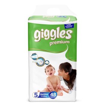Scutece Giggles Premium, marimea 5 Junior, 11-25 kg, 48 buc, pachet Jumbo Scutece Giggles Premium, marimea 5 Junior, 11-25 kg, 48 buc, pachet Jumbo
