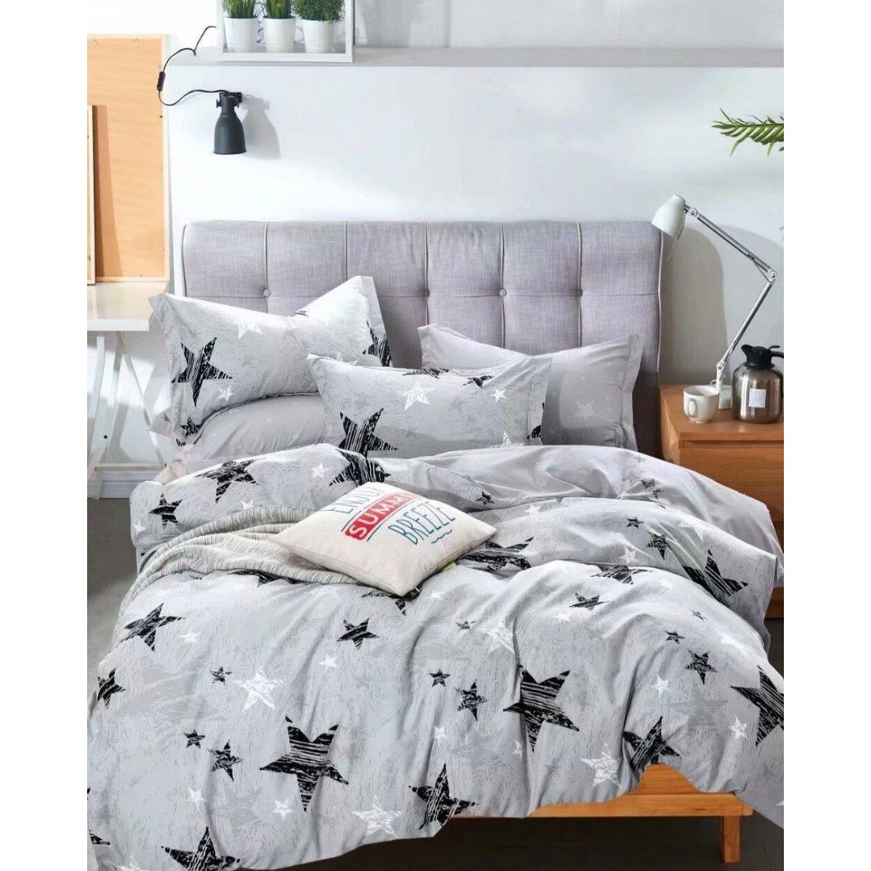 Set Lenjerie Finet Satinat, 4 Piese, Pat 1 Persoana, Black Stars