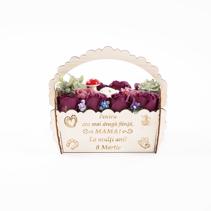 Aranjament floral cosulet gravat cu mesaj de 8 martie "Cea mai draga fiinta", Lemn, 11 trandafiri de sapun culori diverse