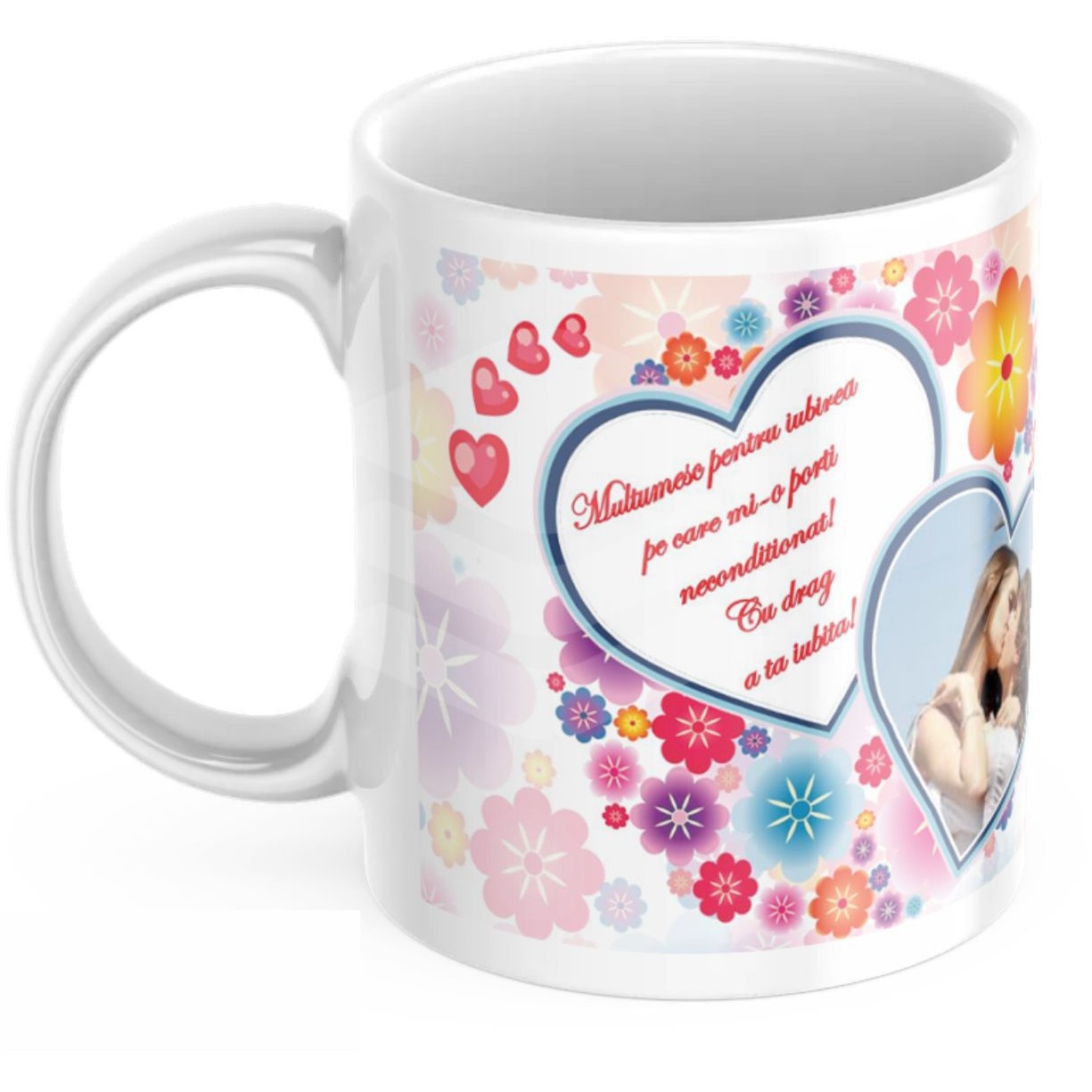 Cana personalizata cu 1 fotografie si mesaj, 2 inimi, 250 ml