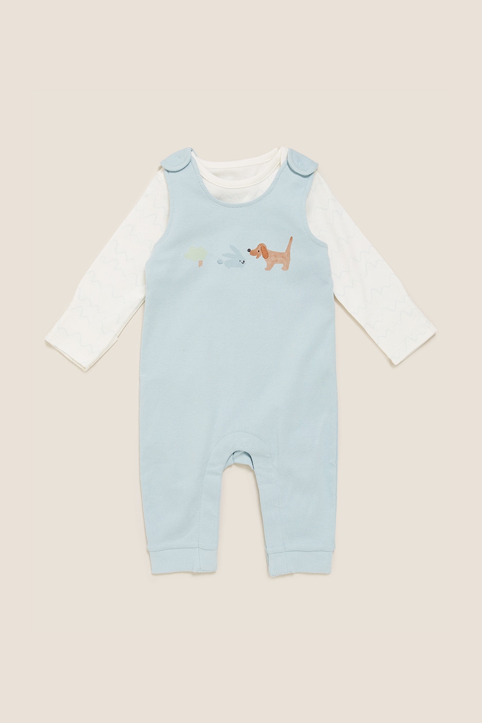 Marks & Spencer, Set de salopeta si body, Albastru prafuit/Alb