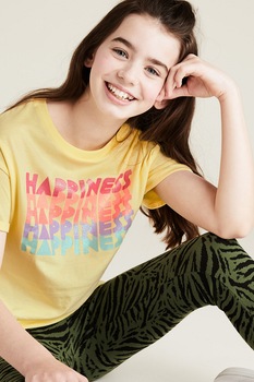 Marks & Spencer, Tricou cu imprimeu si maneci cazute, Galben/Roz Marks & Spencer, Tricou cu imprimeu si maneci cazute, Galben/Roz