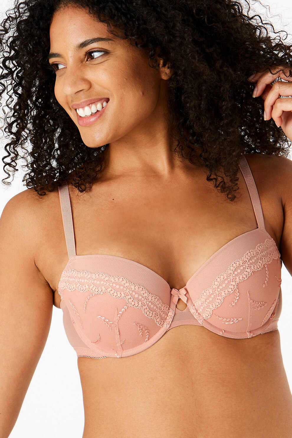 Marks & Spencer, Set de sutiene cu burete cu insertii de dantela -2 piese, Verde/Roz