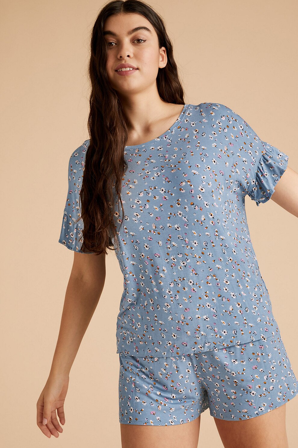 Marks & Spencer, Pijama scurta cu model floral, Albastru prafuit/Alb/Roz