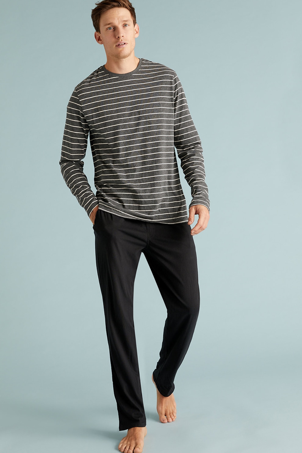 Marks & Spencer, Pijama cu bluza in dungi, Gri melange inchis/Alb/Negru, S