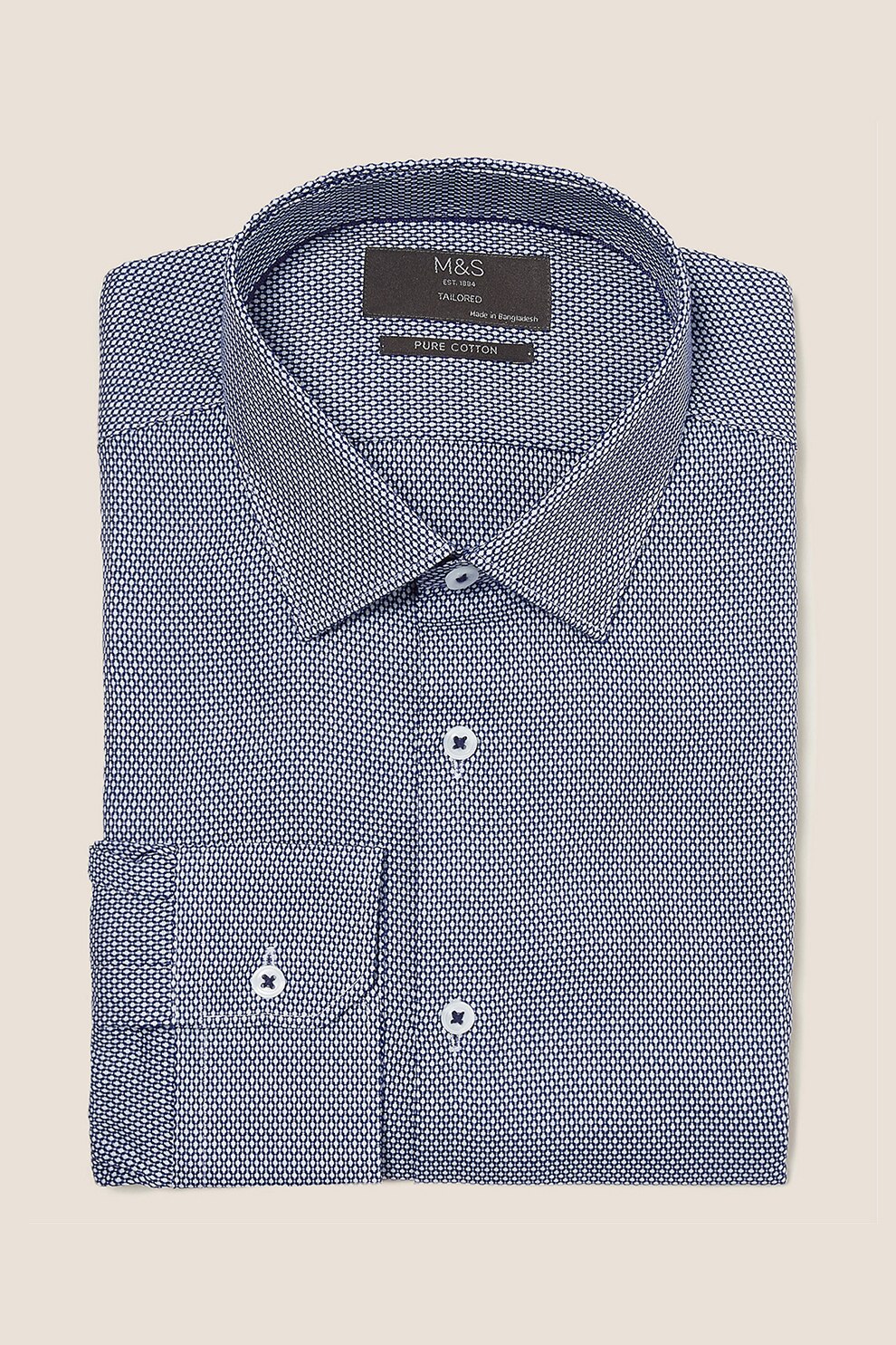 Marks & Spencer, Camasa cambrata de bumbac, cu model, Alb/Bleumarin