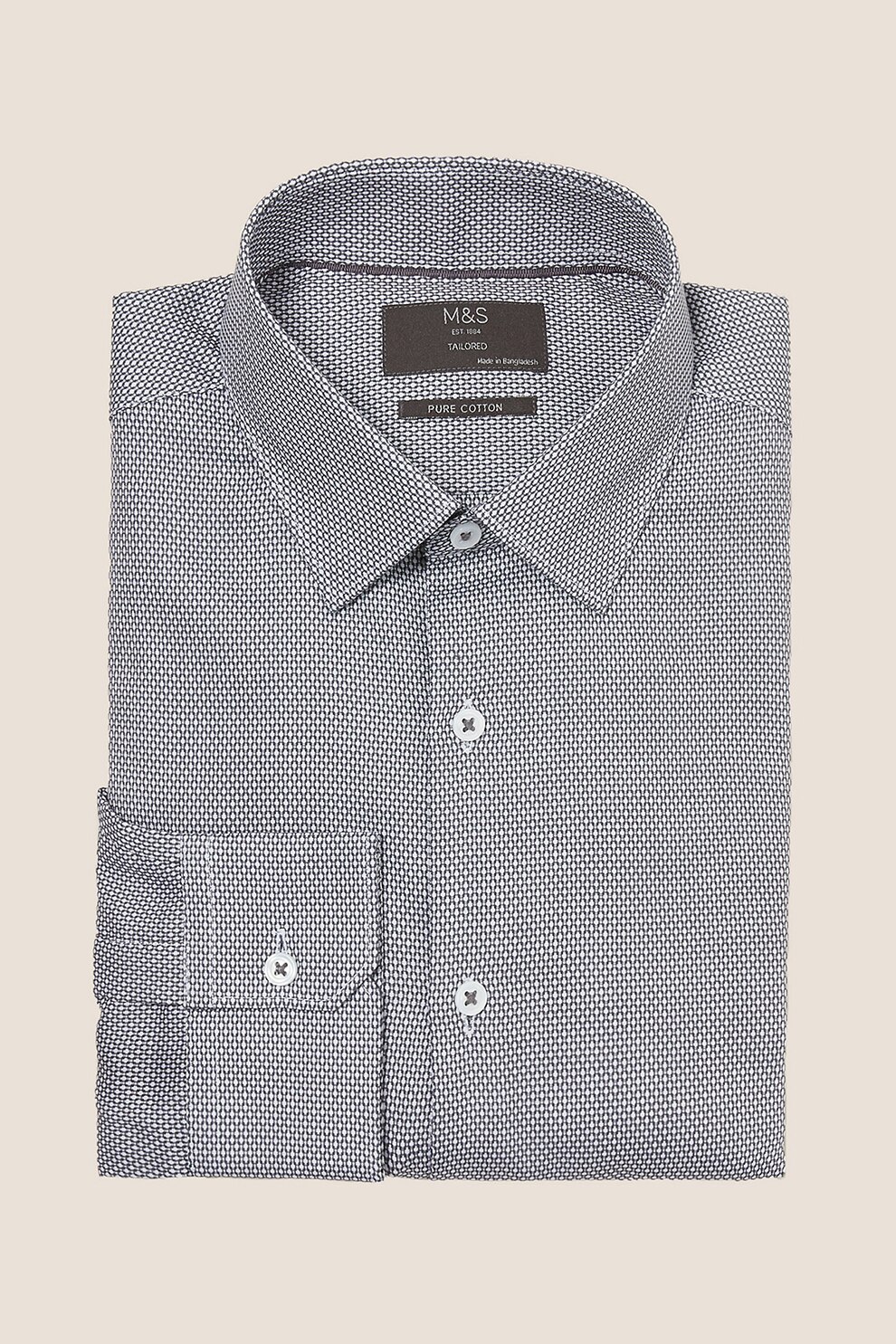 Marks & Spencer, Camasa cambrata de bumbac, cu model, Alb/Gri inchis