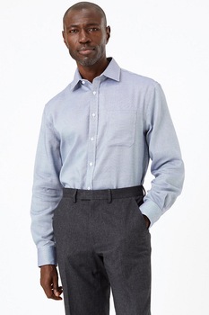 Marks & Spencer, Camasa din bumbac cu model si buzunar pe piept, Alb/Albastru Marks & Spencer, Camasa din bumbac cu model si buzunar pe piept, Alb/Albastru