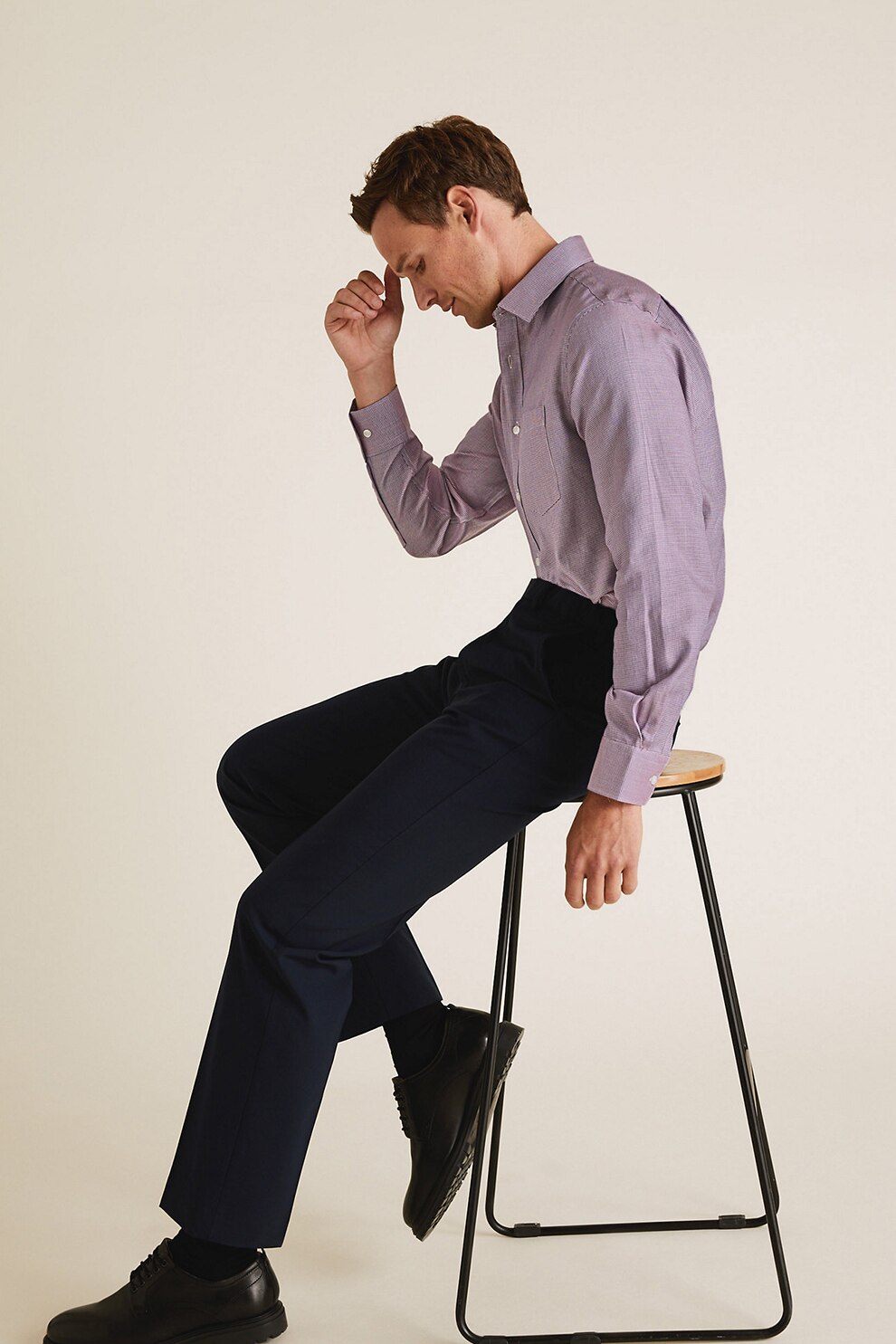 Marks & Spencer, Camasa din bumbac cu buzunar pe piept si model houndstooth, Alb/Rosu Bordeaux