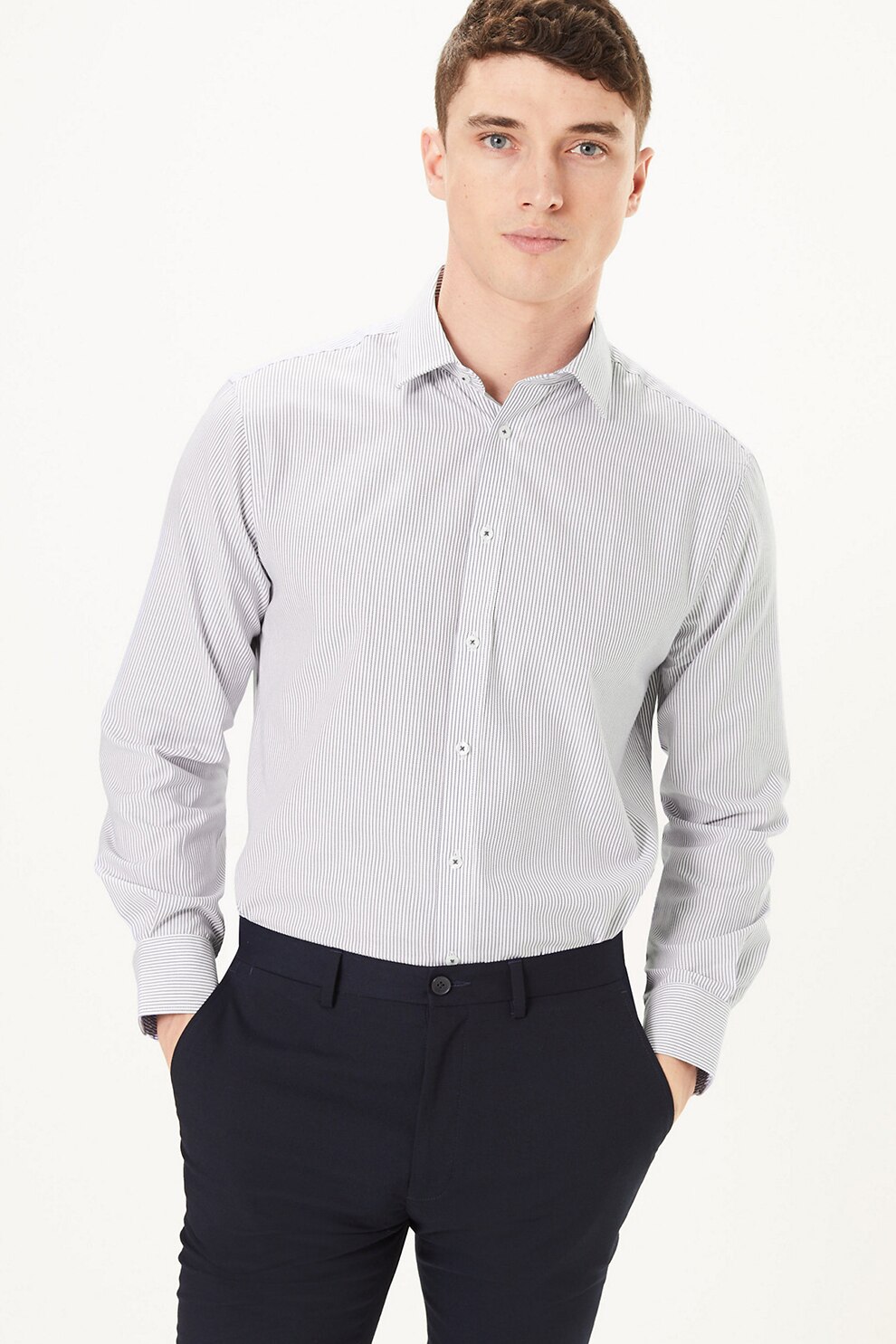 Marks & Spencer, Camasa regular fit cu model in dungi, Alb/Grej