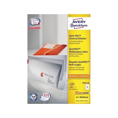 Etichete Avery Zweckform 3659, universale 12/A4, 97x42,3mm, 100 coli/top