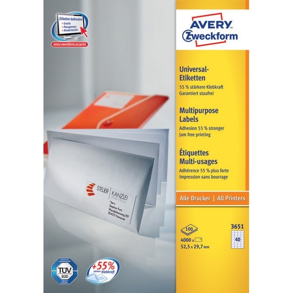 Etichete Avery Zweckform 3651, universale 40/A4, 52,5x29,7mm, 100 coli/top