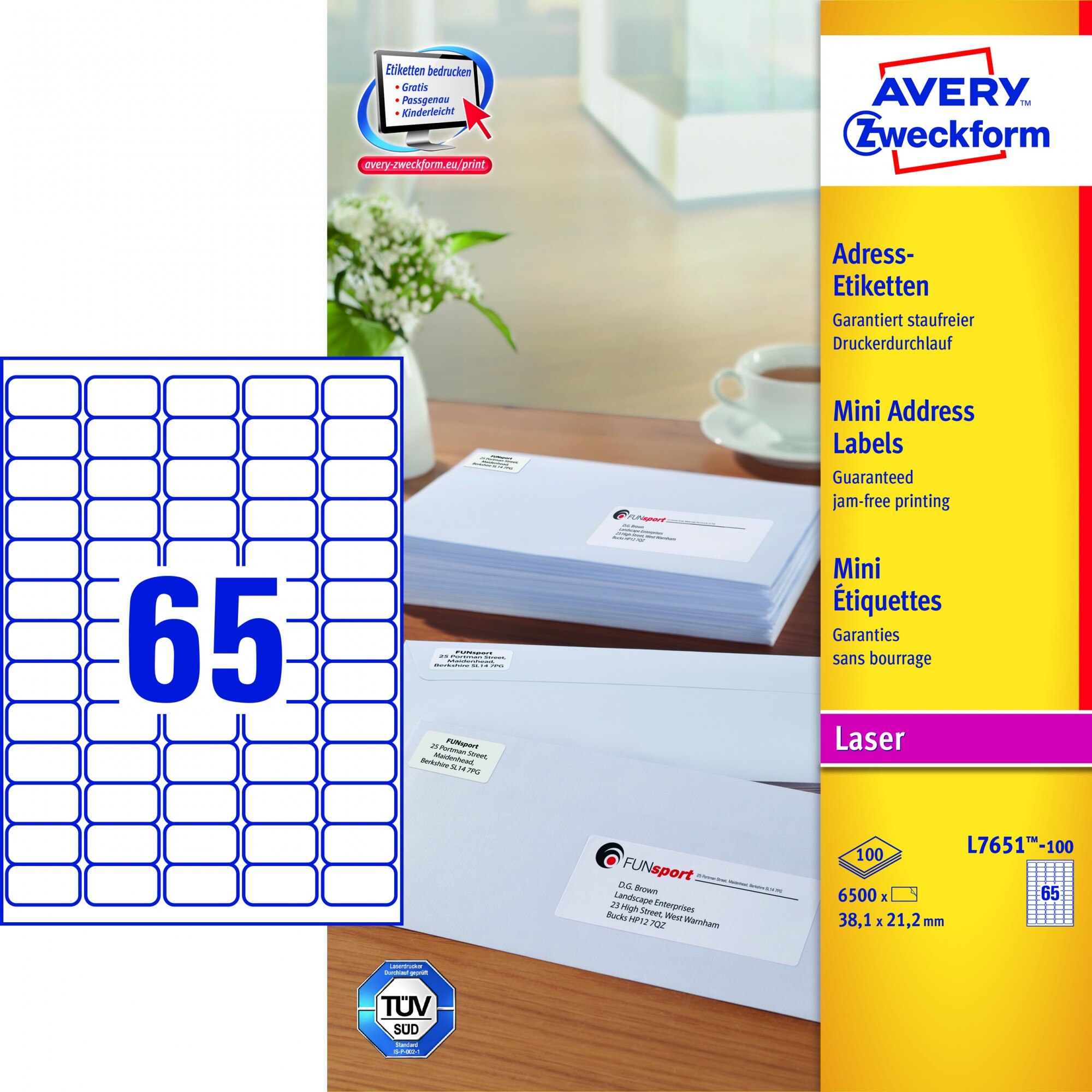Etichete Avery Zweckform L7651-100, 65/A4, 38,1x21,2mm, 100 coli