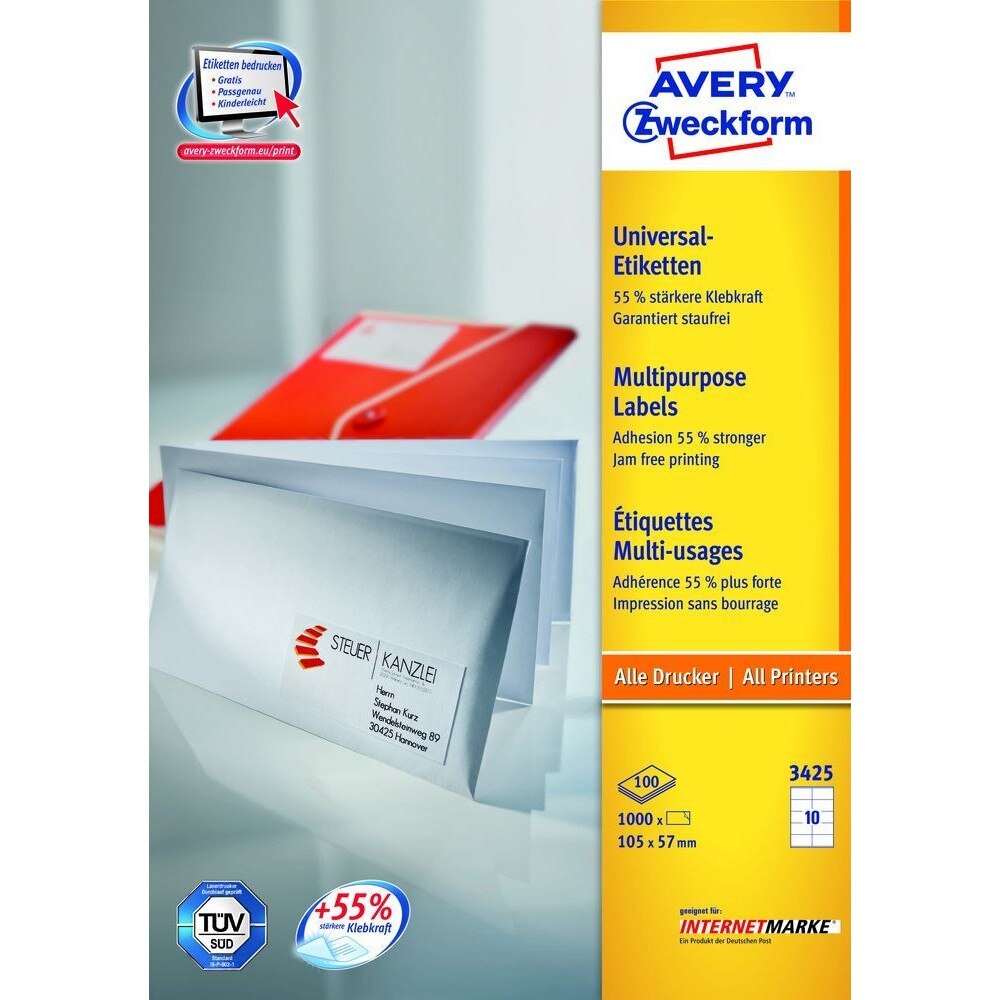 Etichete Avery Zweckform 3425, universale 10/A4, 105x57mm, 100 coli/top