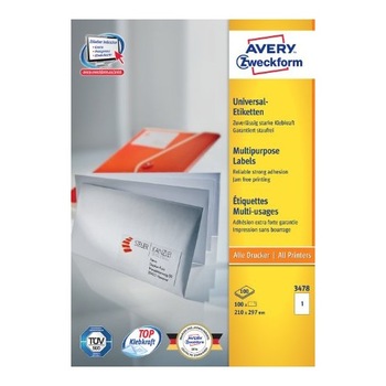 Etichete Avery Zweckform 3478, universale 1/A4, 210x297mm, 100 coli/top Etichete Avery Zweckform 3478, universale 1/A4, 210x297mm, 100 coli/top