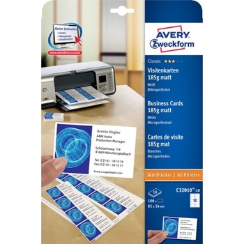 Carton pentru carti de vizita Avery Zweckform C32010-10, 85x54mm, 185g, 100 buc Carton pentru carti de vizita Avery Zweckform C32010-10, 85x54mm, 185g, 100 buc