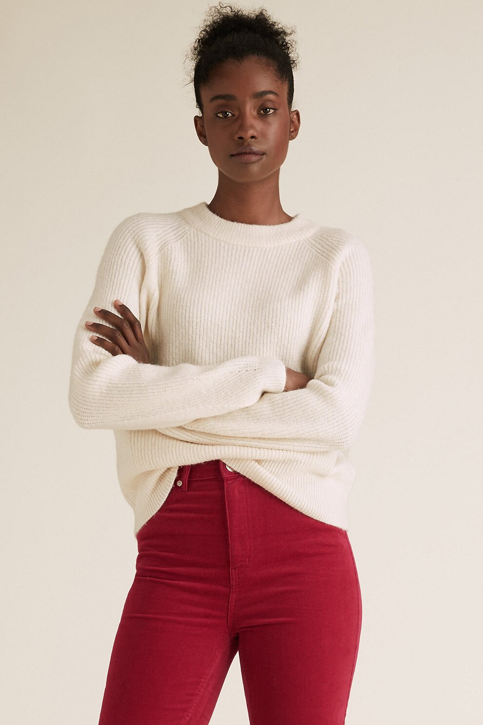 Marks & Spencer, Pulover striat cu maneci raglan, Crem