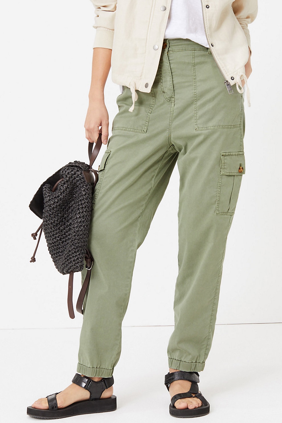 Marks & Spencer, Pantaloni cargo drepti din amestec de lyocell, Verde sparanghel