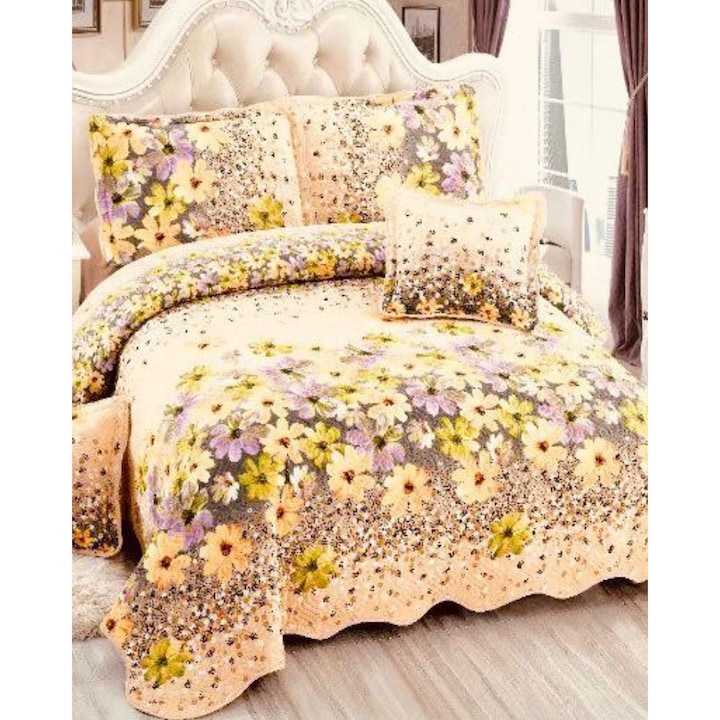 Set cuvertura de pat cu 4 fete de perna, 5 piese, din bumbac finet, imprimata, matlasata, multicolor, E-S96, 230x250 cm