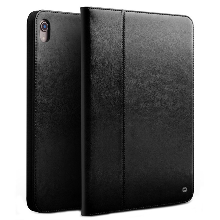 iPad Pro 11 (2018), Természetes bőrtok teljes kerettel, állvány + kézitartó, smart cover, Qialino Classic, Fekete