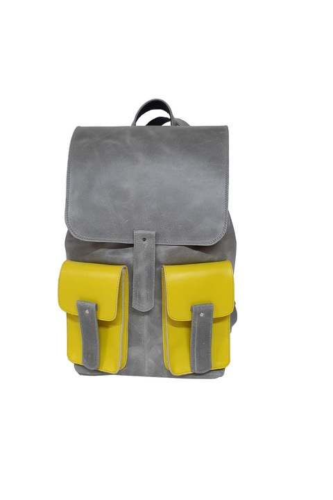 Rucsac piele naturala, Gentute din piele, Gri cu buzunare galben, 36x32x14 cm