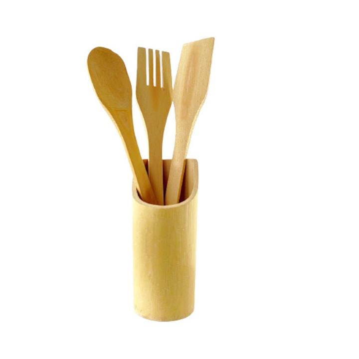 Комплект 3 кухненски прибора с поставка бамбук естествен