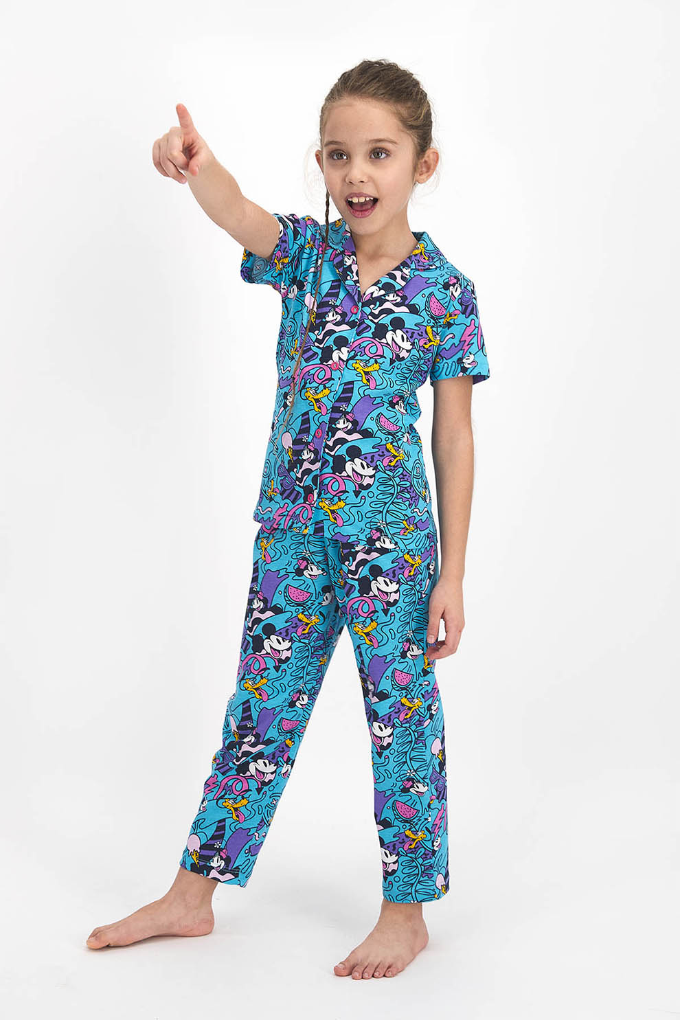 Disney, Pijama cu imprimeu cu Mickey si Minnie Mouse, Albastru/Violet ametist/Roz, 116-122 CM