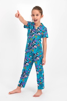 Disney, Pijama cu imprimeu cu Mickey si Minnie Mouse, Albastru/Violet ametist/Roz, 116-122 CM Disney, Pijama cu imprimeu cu Mickey si Minnie Mouse, Albastru/Violet ametist/Roz, 116-122 CM