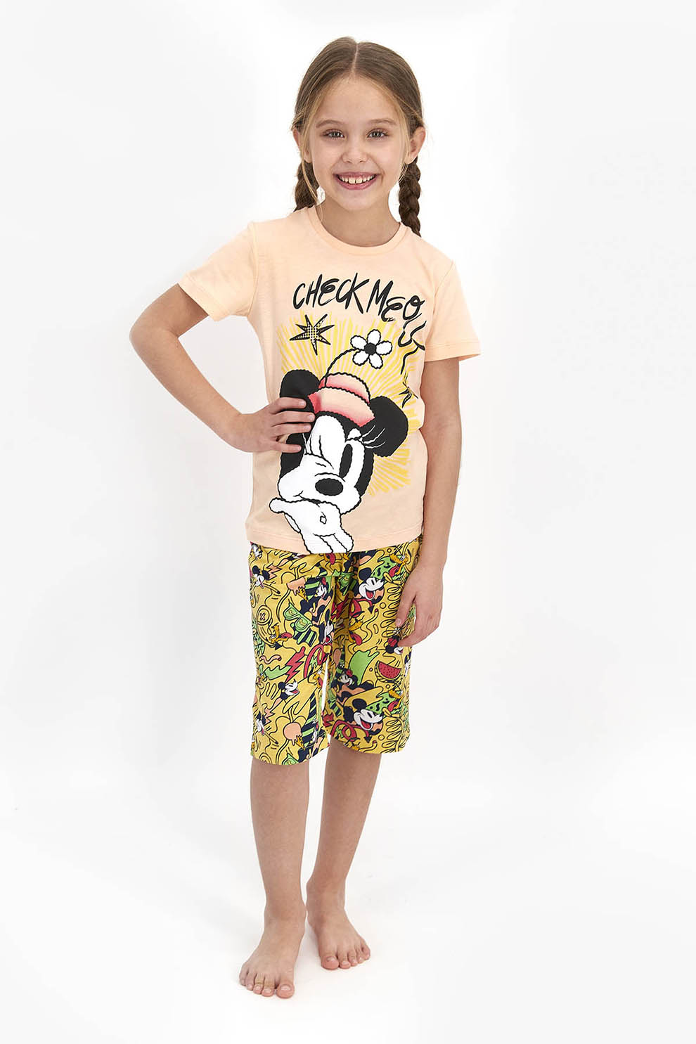 Disney, Pijama cu imprimeu si decolteu la baza gatului, Galben/Oranj pal/Negru