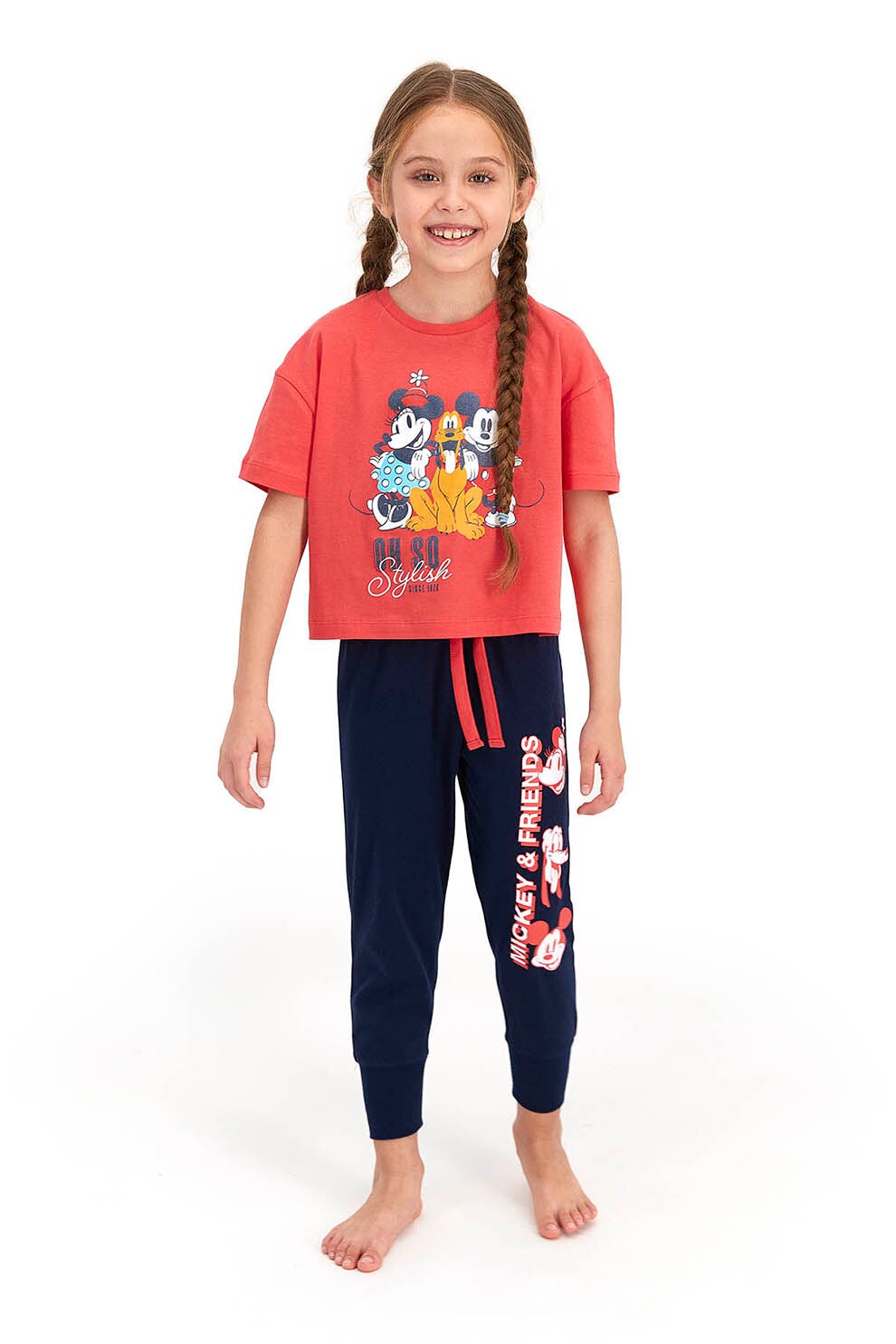 Disney, Pijama cu imprimeu si pantaloni lungi, Corai/Bleumarin inchis/Alb