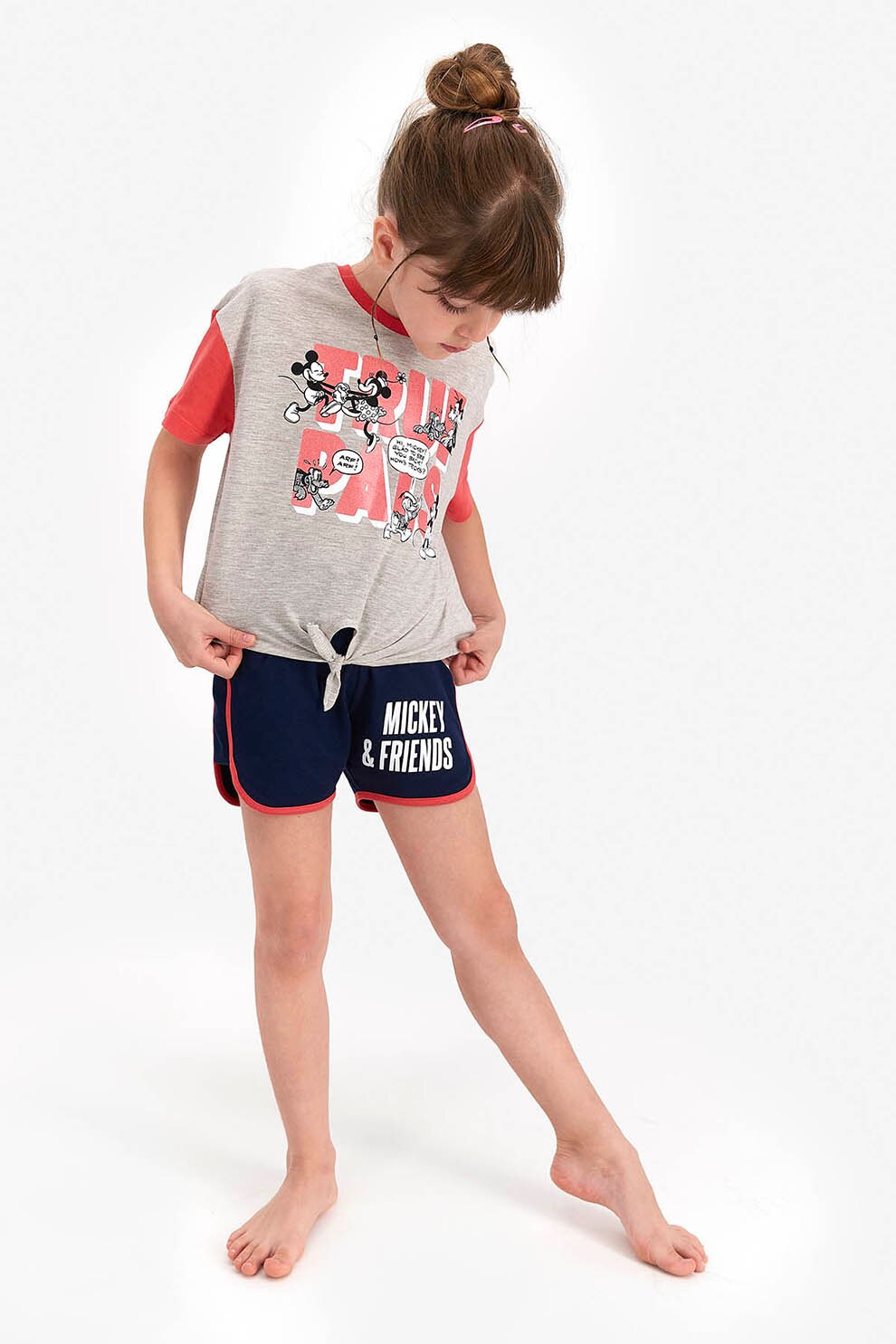 Disney, Pijama cu imprimeu si pantaloni scurti, Gri deschis melange/Bleumarin/Rosu