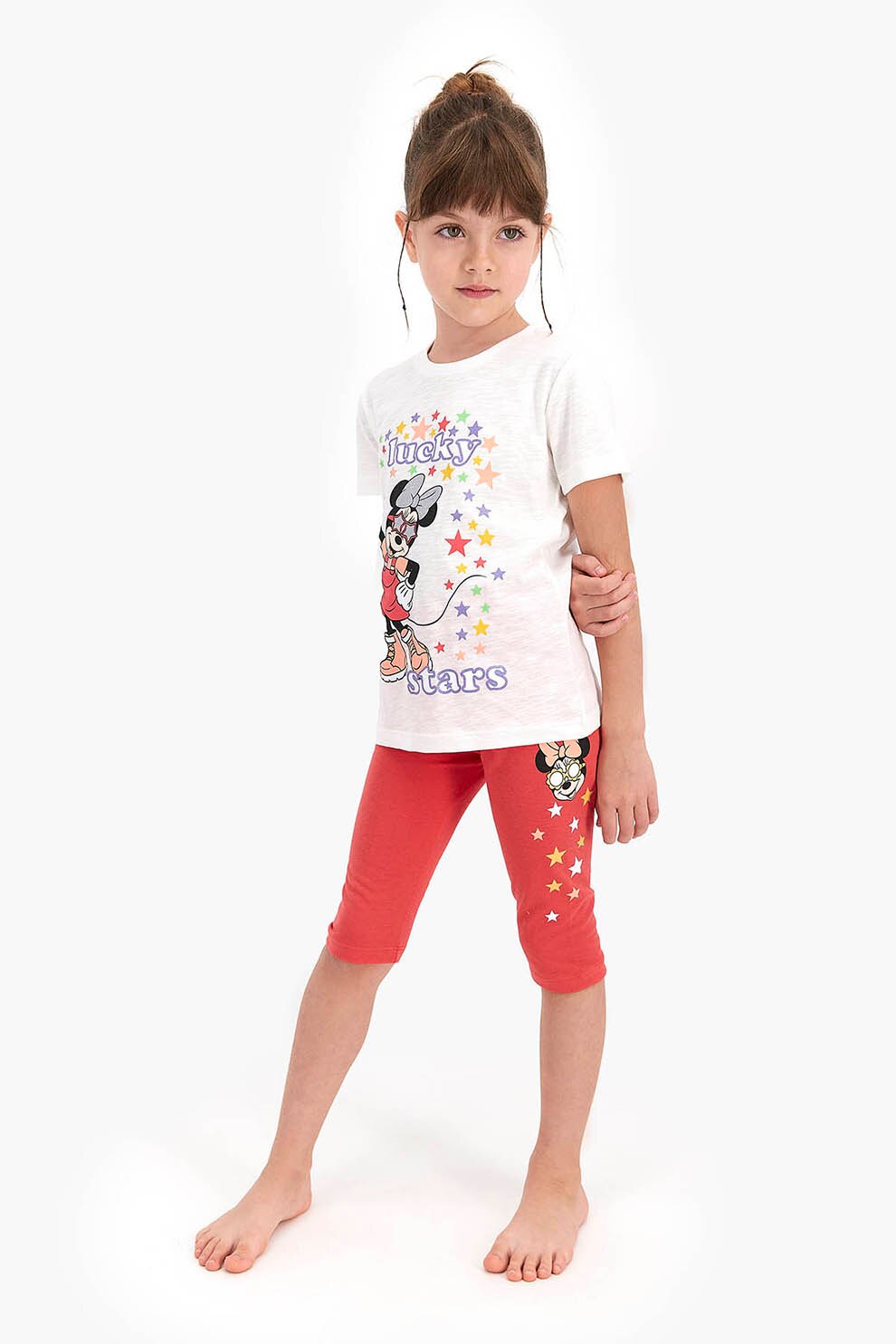 Disney, Pijama cu Minnie Mouse si pantaloni scurti, Alb prafuit/Rosu/Violet ametist