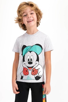 Disney, Pijama cu imprimeu cu desene si cu pantaloni scurti, Gri deschis melange/Negru/Turcoaz, 128-134 CM Disney, Pijama cu imprimeu cu desene si cu pantaloni scurti, Gri deschis melange/Negru/Turcoaz, 128-134 CM