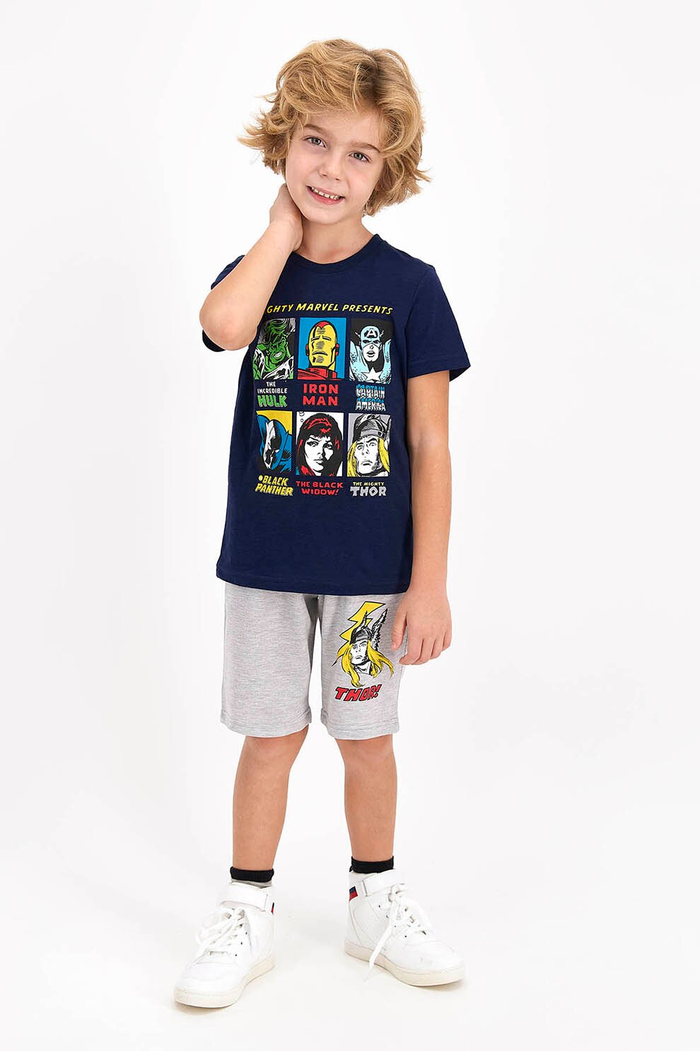 Disney, Pijama cu imprimeu cu desene si cu pantaloni scurti, Bleumarin/Gri deschis melange/Galben