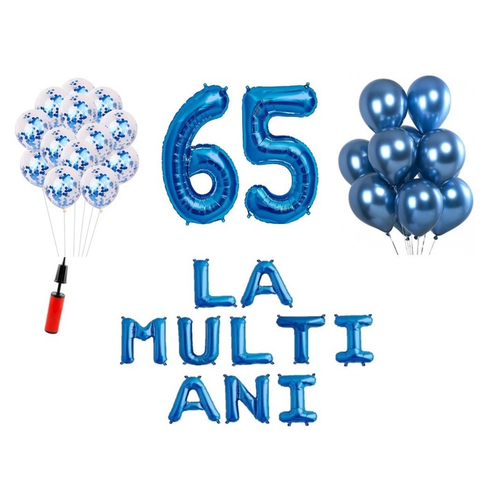 Комплект 33 балона, Честит рожден ден, 65 години, фолио цифри 100 см, сини