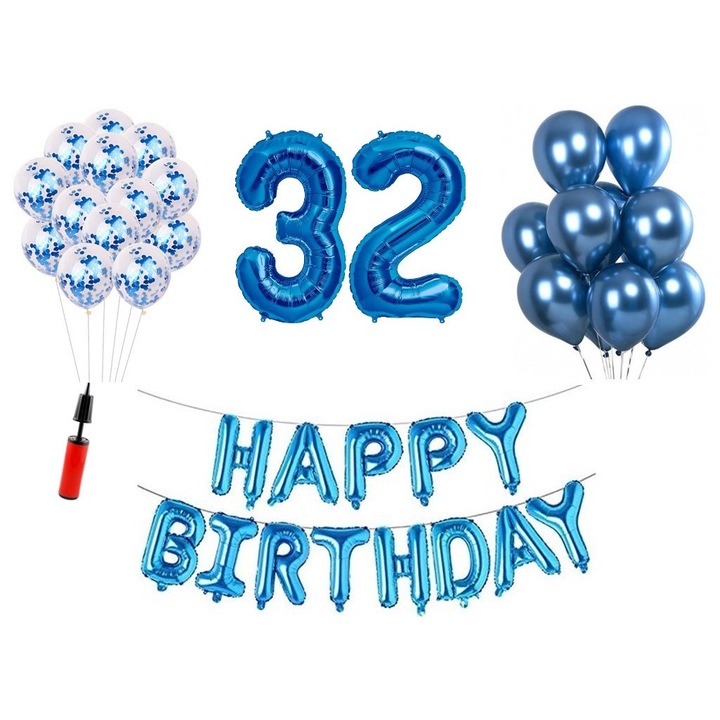 Комплект 36 балона, Domi Party & Gifts, Happy Birthday 32 години юбилей, фолио цифри 100 см, син