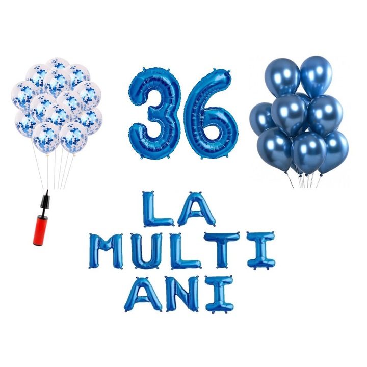 Комплект 33 балона, Happy Birthday, 36th birthday, фолио цифри 100 см, сини