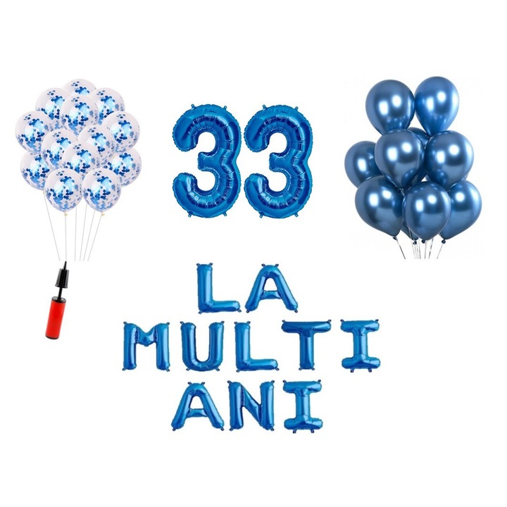 Комплект 33 балона, Domi Party & Gifts, Domi Party & Gifts, Happy Birthday 33 години юбилей, фолио цифри 100 см, син