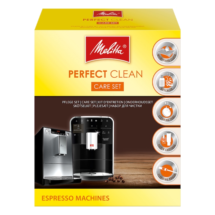 Комплект за поддръжка Melitta®за автоматична еспресо машина, разтвор, таблетки, филтър, кърпа, четка