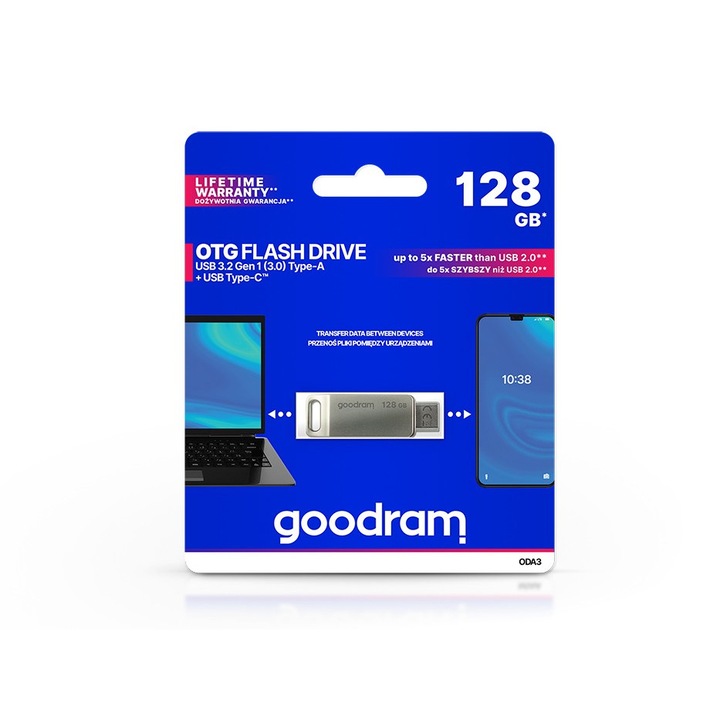 128 GB OTG Flash Drive pendrive 2in1 USB Type-A + USB Type-C csatlakozóval - 60/20 - Goodram ODA3 USB 3.2 - ezüst