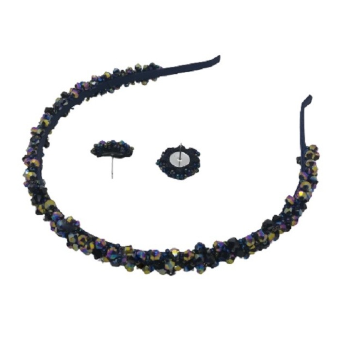 Set cordeluta si cercei cu cristale de sticla si margele Preciosa , Multicolor, cusute manual