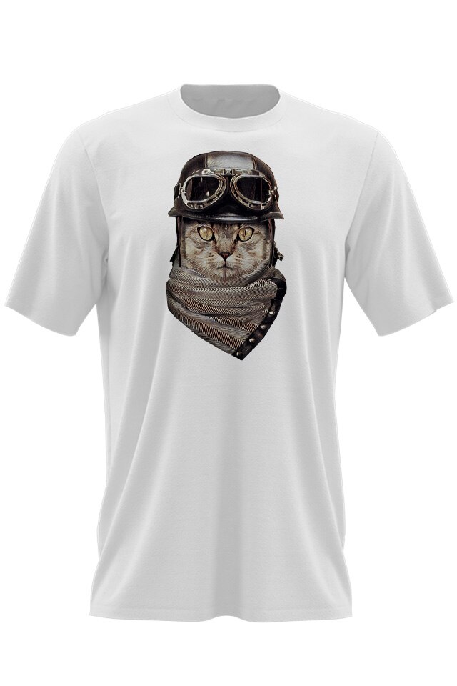 Tricou Alb Adulti Pisica Biker