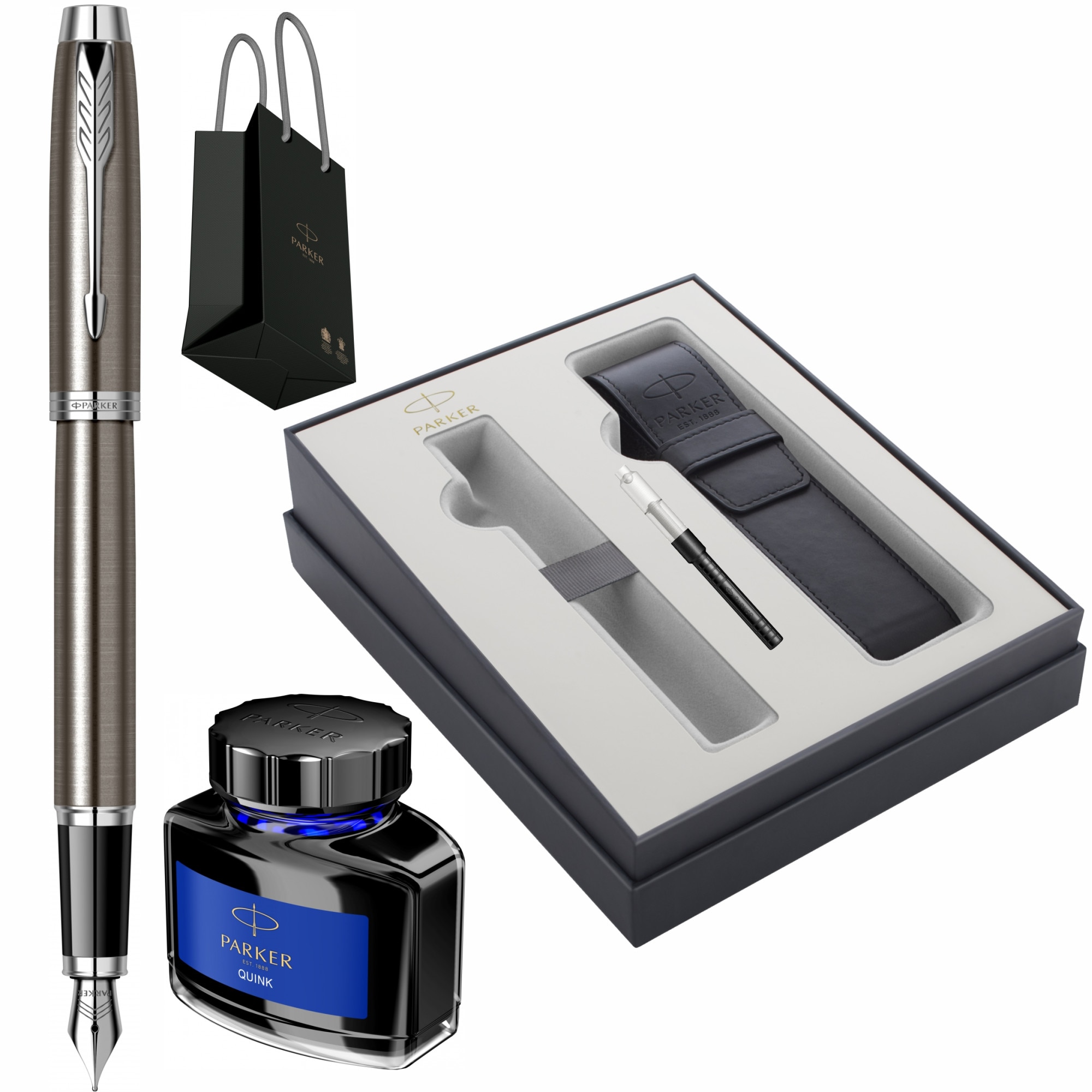 Set Parker Stilou IM Royal Dark Espresso CT Personalizat prin Gravura Laser in Cutie cu Etui Piele Focus Collection, convertor standard , calimara cerneala si Punga