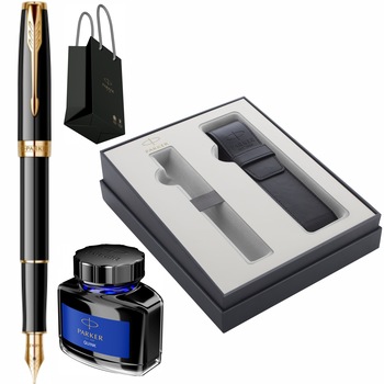 Set Parker Stilou Sonnet Royal Black GT in Cutie cu Etui Piele Focus Collection, convertor montat, calimara cerneala si Punga Set Parker Stilou Sonnet Royal Black GT in Cutie cu Etui Piele Focus Collection, convertor montat, calimara cerneala si Punga