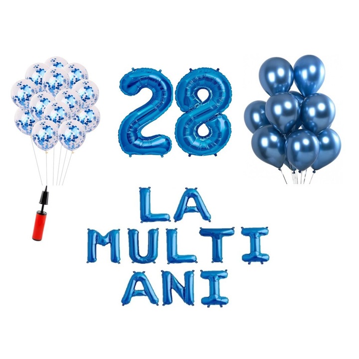 Комплект 33 балона, Happy Birthday 28 години юбилей, фолио цифри 100 см, сини