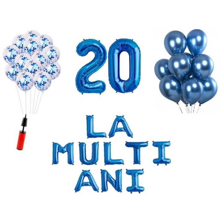 Комплект 33 балона, Domi Party & Gifts, Domi Party & Gifts, Happy Birthday 20 години юбилей, фолио цифри 100 см, син