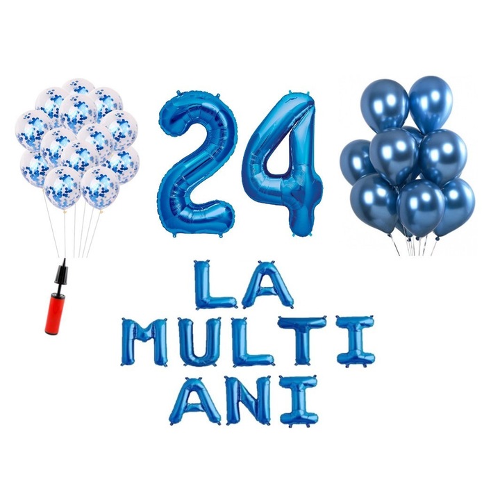 Комплект 33 балона, Happy Birthday, 24th birthday, фолио цифри 100 см, сини